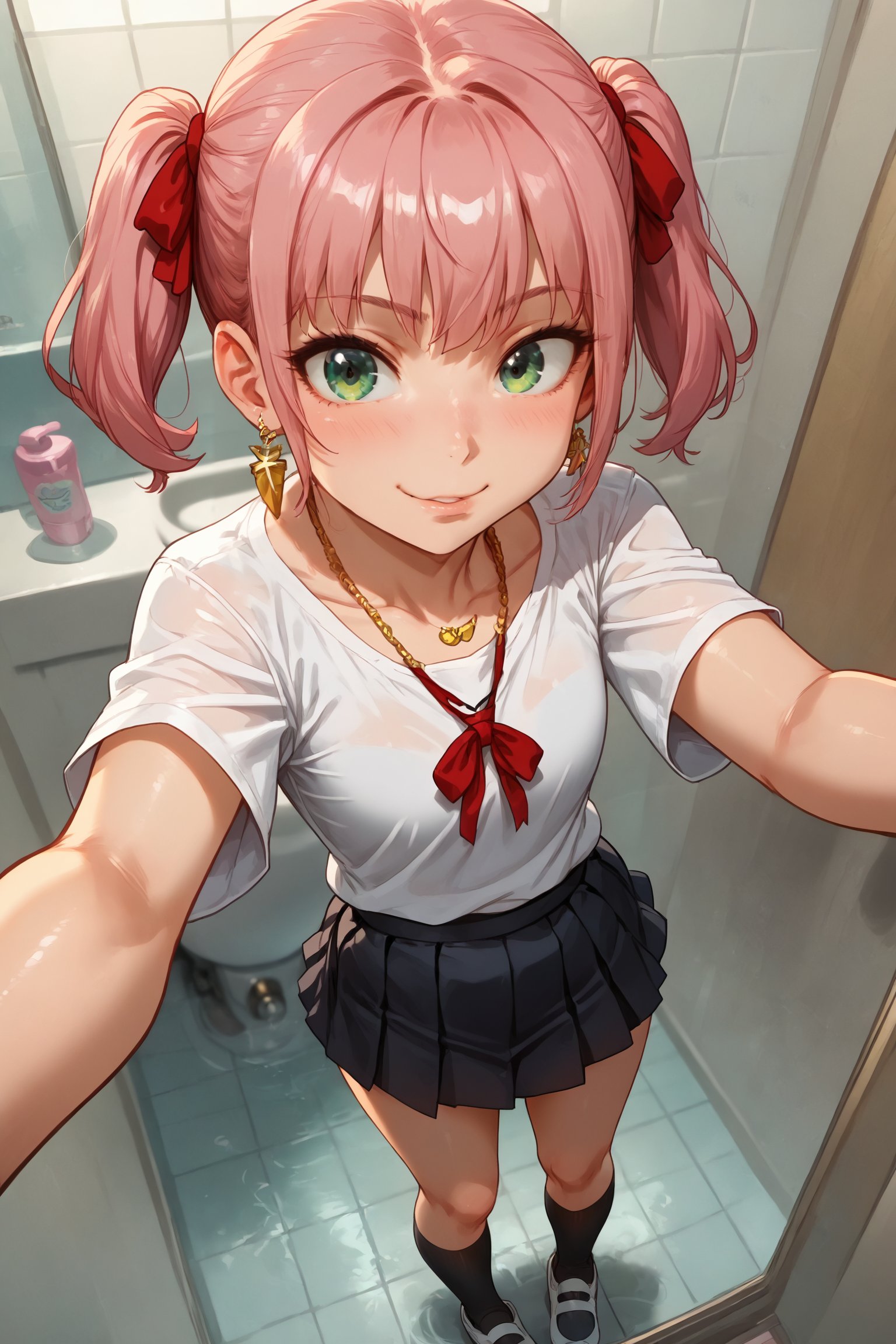 1woman, loli (15 years old), standing, flat chest, pink hair (straight hair, short hair, pigtails,red ribbon ,), (best quality), green eyes, school_uniforms (skirt black skirt,black t-shirt ), big golden earrings, gold necklace, bathroom, bathroom setting,selfie ,dutch angle ,sexy smile, blushed, looking_at_viewer, girl alone,anime_screencap,from above
