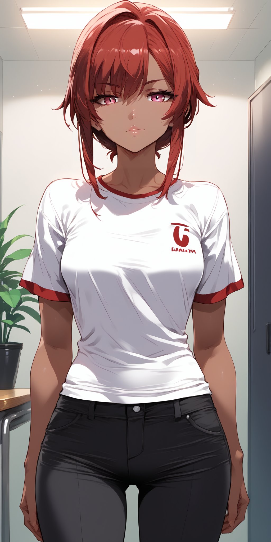 mirham,anime, game_cg:1.2),cowboy shot,,1girl, red eyes, dark skin, t-shirt, pants, short sleeves , expressionless, looking at viewer, standing, indoors, hall room 