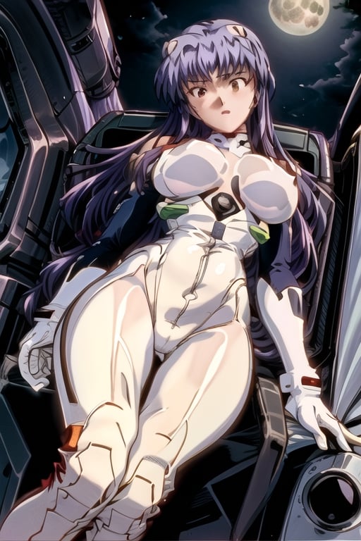 pikkyayanami, 1girl, solo, looking at viewer, purple hair, long hair, bangs, red eyes, breasts, large breasts, white bodysuit, plugsuit, bodysuit, interface headset, pilot suit, full body, best quality ,under the moon ,Misato Katsuragi