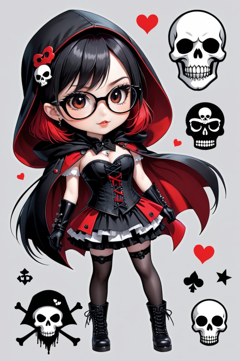 solo, STICKER ART, ANGRY MAD, chic glasses, cute Little girl,Little Red Riding Hood in a fusion of Japanese-inspired Gothic punk fashion,Red Hood, skulls, dark, goth. black gloves, tight corset, incorporating traditional Japanese motifs and punk-inspired details,Emphasize the unique synthesis of styles, (the text "LESBIAN" IN "Punk" text), heart \(symbol\), Skull\(symbol\), pastel goth,dal,colorful,chibi emote style,artint,score_9, score_8_up,BIG EYES