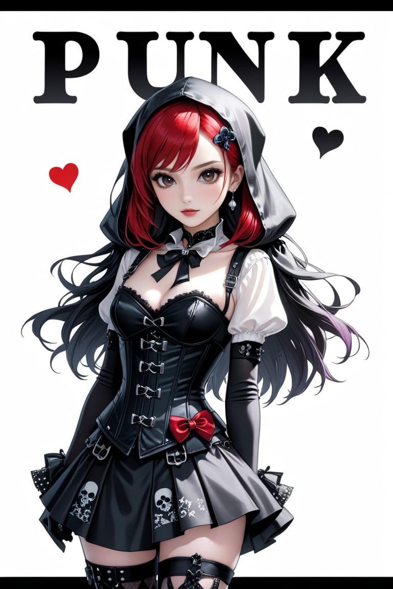 solo, STICKER ART, ANGRY MAD, cute Little girl,Little Red Riding Hood in a fusion of Japanese-inspired Gothic punk fashion,Red Hood, skulls, dark, goth. black gloves, tight corset, incorporating traditional Japanese motifs and punk-inspired details,Emphasize the unique synthesis of styles, (the text "LESBIAN" IN "Punk" text), heart \(symbol\), Skull\(symbol\), pastel goth,dal,colorful,chibi emote style,artint,score_9, score_8_up,BIG EYES