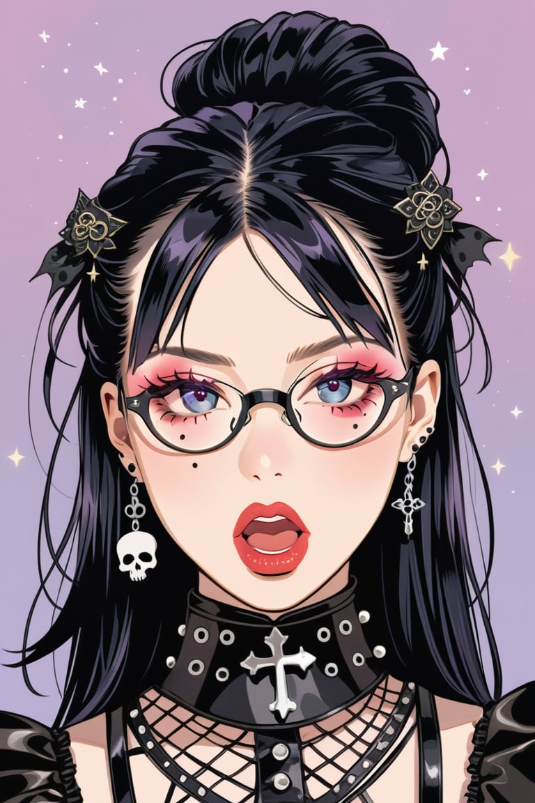 1girl, glasses girl, surprise face, surprised, pastel goth, Catholicpunk aesthetic art, gloved hands, mature goth woman in a fusion of Mediterranean-inspired Gothic punk fashion, glasses, dark, goth. RED gloves, tight corset, incorporating traditional  Mediterranean motifs and punk-inspired details,Emphasize the unique synthesis of styles, score_9, score_8_up, heavy makeup, earrings, kawaiitech, dollskill, chibi, ,BIG EYES,Eyes,