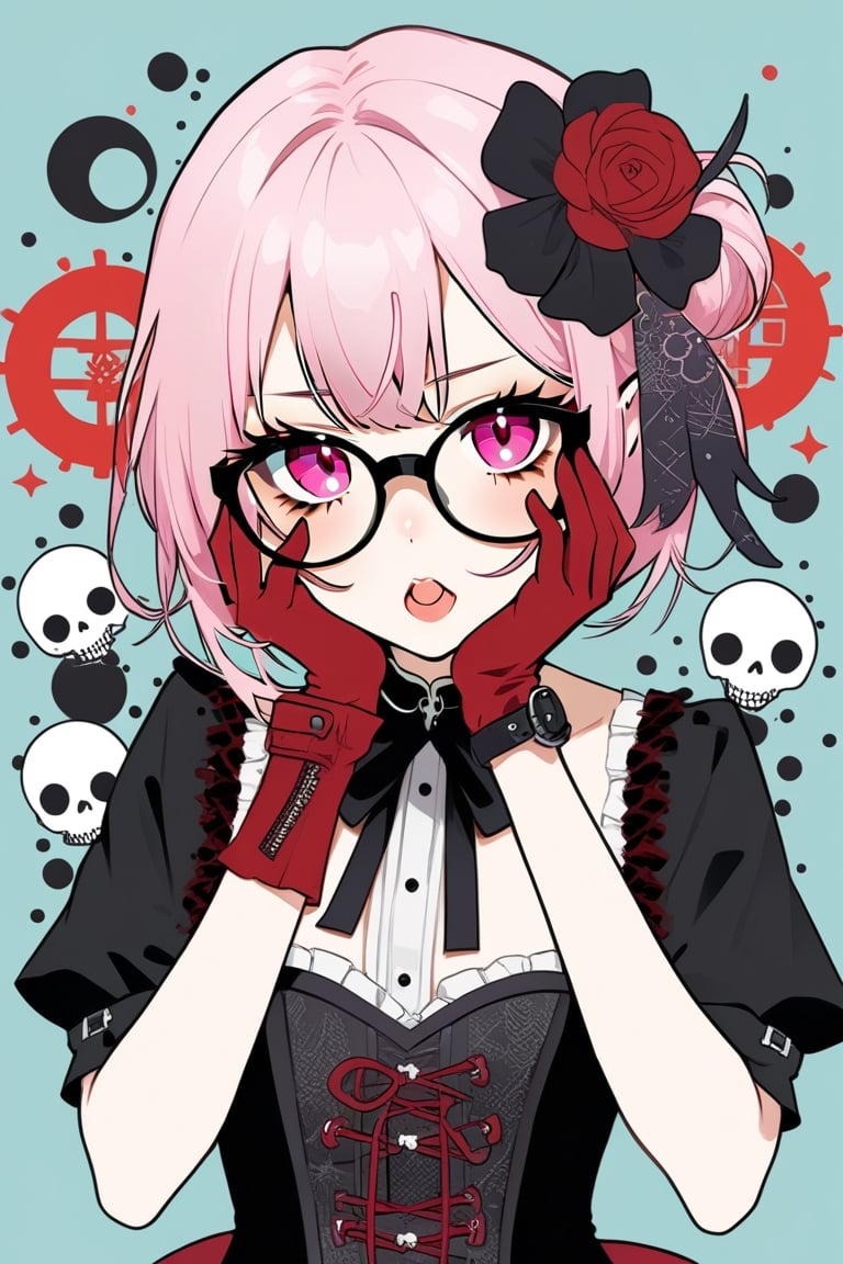 1girl, glasses girl, surprise face, surprised, pastel goth, Catholicpunk aesthetic art, gloved hands, cute goth girl in a fusion of Japanese-inspired Gothic punk fashion, glasses, dark, goth. RED gloves, tight corset, incorporating traditional Japanese motifs and punk-inspired details,Emphasize the unique synthesis of styles, score_9, score_8_up, heavy makeup, earrings, kawaiitech, dollskill, chibi, ,BIG EYES,Eyes,ghostface mask,yandere trance