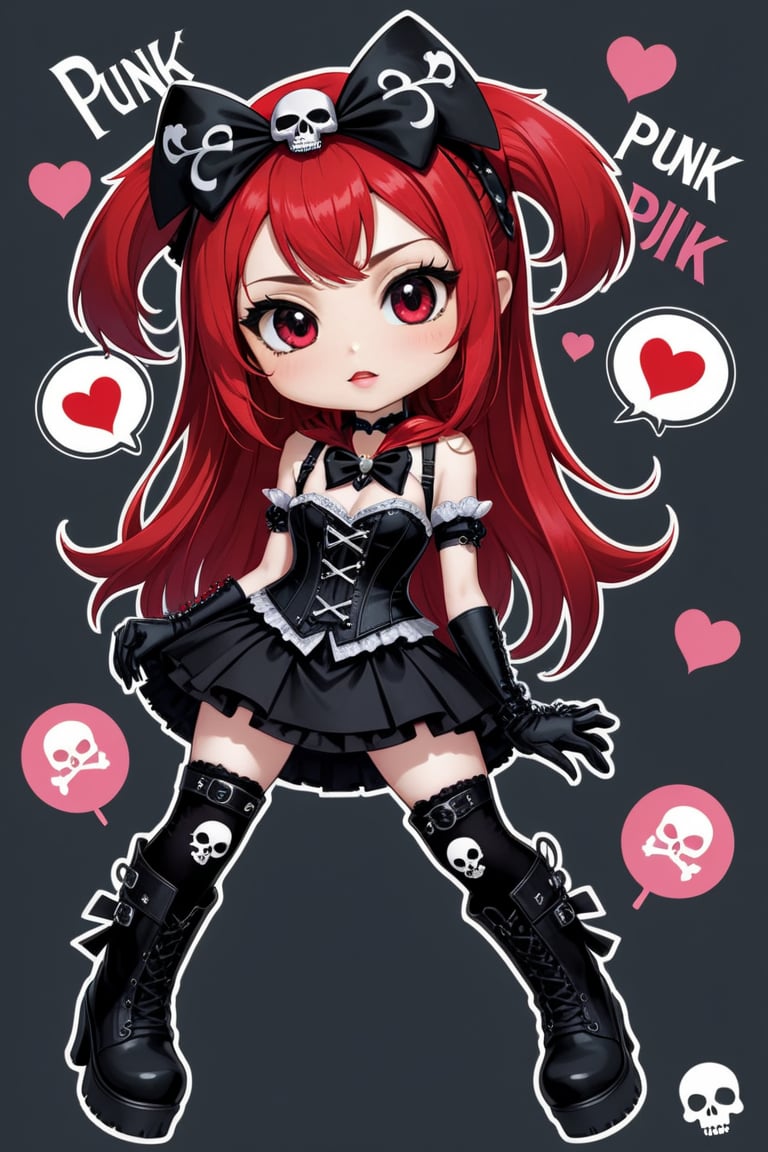 solo, STICKER ART, ANGRY MAD, cute Little girl,Little Red Riding Hood in a fusion of Japanese-inspired Gothic punk fashion,Red Hood, skulls, dark, goth. black gloves, tight corset, incorporating traditional Japanese motifs and punk-inspired details,Emphasize the unique synthesis of styles, (the text "LESBIAN" IN "Punk" text), heart \(symbol\), Skull\(symbol\), pastel goth,dal,colorful,chibi emote style,artint,score_9, score_8_up,BIG EYES