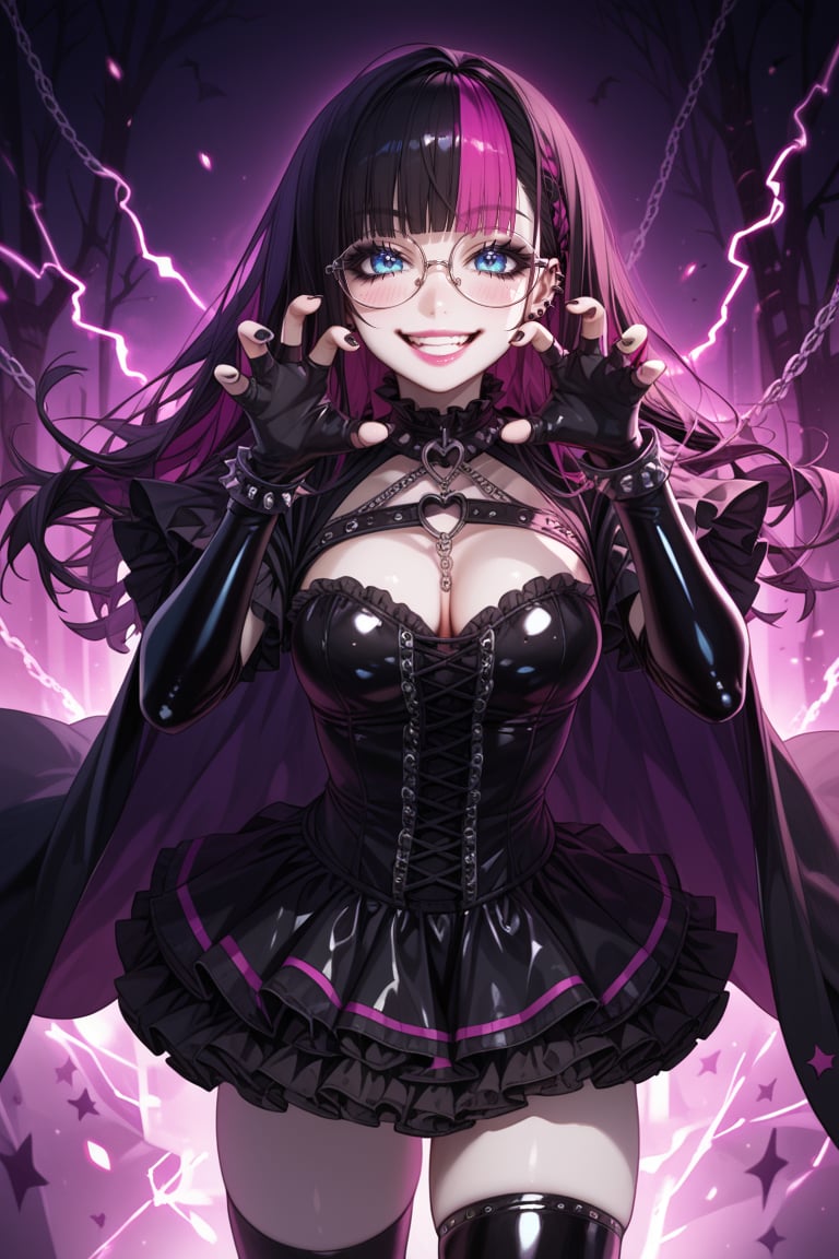 score_9, score_8_up, score_7_up, score_6_up, score_5_up, 1girl, glasses girl, smile face, grin, cute smile, pastel goth, short sleeves, (perfect hands, perfect anatomy), gloved hands, Emo style fused with punk fashion, source_anime, sharp_details, high resolution, 4k, masterpiece, Big beautiful eyes,  She wears dark edgy clothing , Gothic elements like lace, corsets, and chains. Her hair is  vibrant styled with asymmetrical bangs, adorned with small skulls or bows. Accessories include studded bracelets, chokers, and combat boots. Her makeup features dark eyeliner and eyeshadow contrasted with pink lipstick, blue eyes, (((Latex elbow gloves))) cover their arms. The overall atmosphere is one of dominance and power. A fierce girl, her eyes burning with determination and strength. Skulls and dead black roses complete the scene. volumetric lighting, chiaroscuro lighting, vibrant, shaders, intricately detailed, ((expressive)), pale skin, perfect waist, big lips, slutty face, blushing, flushed, emo, goth girl, beautiful, long_hair, black_thighhighs, open_mouth, smile, striped, fang, skirt, cape, frills, frilled_sleeves, , looking_at_viewer, yellow_eyes, frilled_skirt, long_sleeves, wide_sleeves, black_cape, shirt, black_shirt, blue eyes, teasing, pure expression, smile, blushing, front view, (((scary pose))), clear skin, soft skin, Expressiveh, dark theme, halloween party, (masterpiece:1.3), (highest quality:1.4), (ultra detailed:1.5), High resolution, extremely detailed, glasses girl, smile face, grin, cute smile