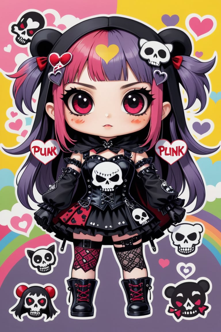 solo, STICKER ART, ANGRY MAD, cute Little girl,Little Red Riding Hood in a fusion of Japanese-inspired Gothic punk fashion,Red Hood, skulls, dark, goth. black gloves, tight corset, incorporating traditional Japanese motifs and punk-inspired details,Emphasize the unique synthesis of styles, (the text "LESBIAN" IN "Punk" text), heart \(symbol\), Skull\(symbol\), pastel goth,dal,colorful,chibi emote style,artint,score_9, score_8_up,BIG EYES