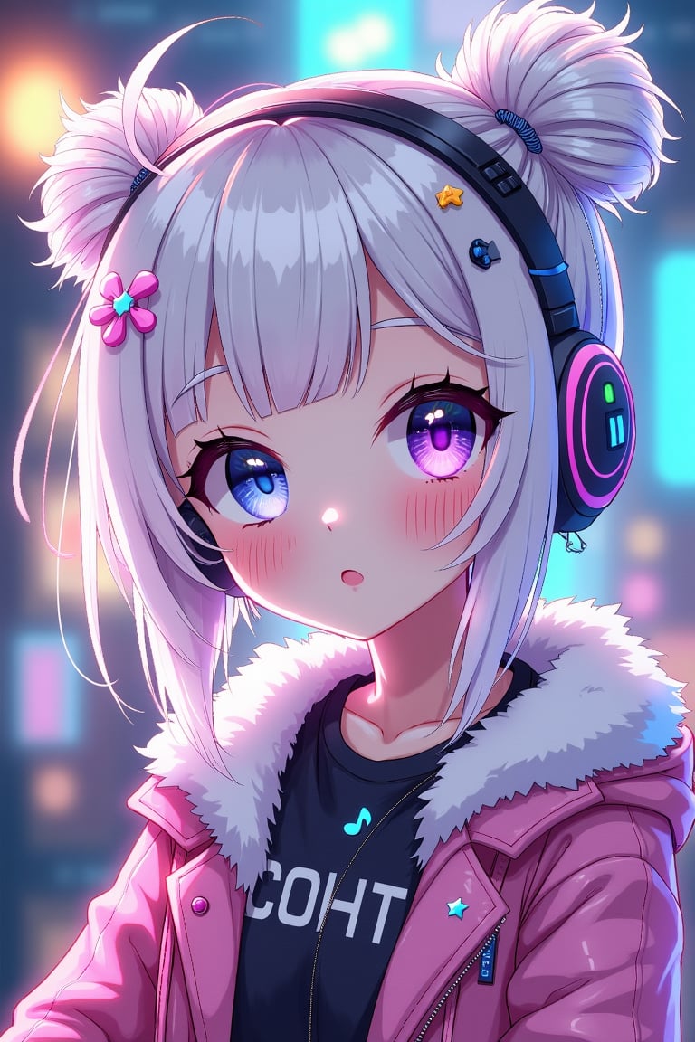 kawaii cyberpunk, kawaii cyberpunk style, vibrant, pastel color palette, dynamic hair design, kawaii clothing style, tech-inspired accessories, glowing effects, kawaii aesthetic, 1girl, solo, heterochromia, blue eyes, headphones, white hair, looking at viewer, blush, hair ornament, bangs, purple eyes, jacket, musical note, blurry, closed mouth, upper body, virtual youtuber, fur trim, black shirt, hair bun, chibi aesthetic, whimsical floating objects, popping visual effects, fantasy elements, detailed accessories