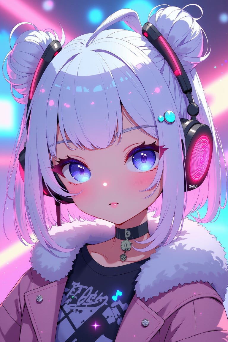 kawaii cyberpunk, kawaii cyberpunk style, vibrant, pastel color palette, dynamic hair design, kawaii clothing style, tech-inspired accessories, glowing effects, kawaii aesthetic, 1girl, solo, heterochromia, blue eyes, headphones, white hair, looking at viewer, blush, hair ornament, bangs, purple eyes, jacket, musical note, blurry, closed mouth, upper body, virtual youtuber, fur trim, black shirt, hair bun, chibi aesthetic, whimsical floating objects, popping visual effects, fantasy elements, detailed accessories