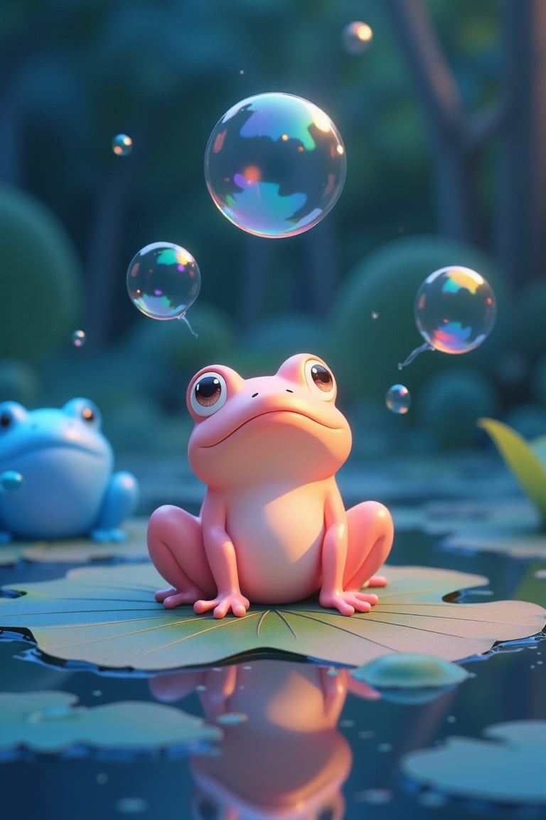 (((masterpiece))) , (((best quality))) , anime style, 2d, serene pond where tiny bubble frogs—small, round frogs with translucent, pastel-colored skin that glows faintly—are blowing bubbles that float in the air. The camera captures a close-up of one bubble frog sitting on a lily pad, playfully catching its own bubbles with a happy croak. The bubbles reflect the moonlight, casting soft, rainbow hues across the pond, and other bubble frogs join in, creating a playful and magical scene