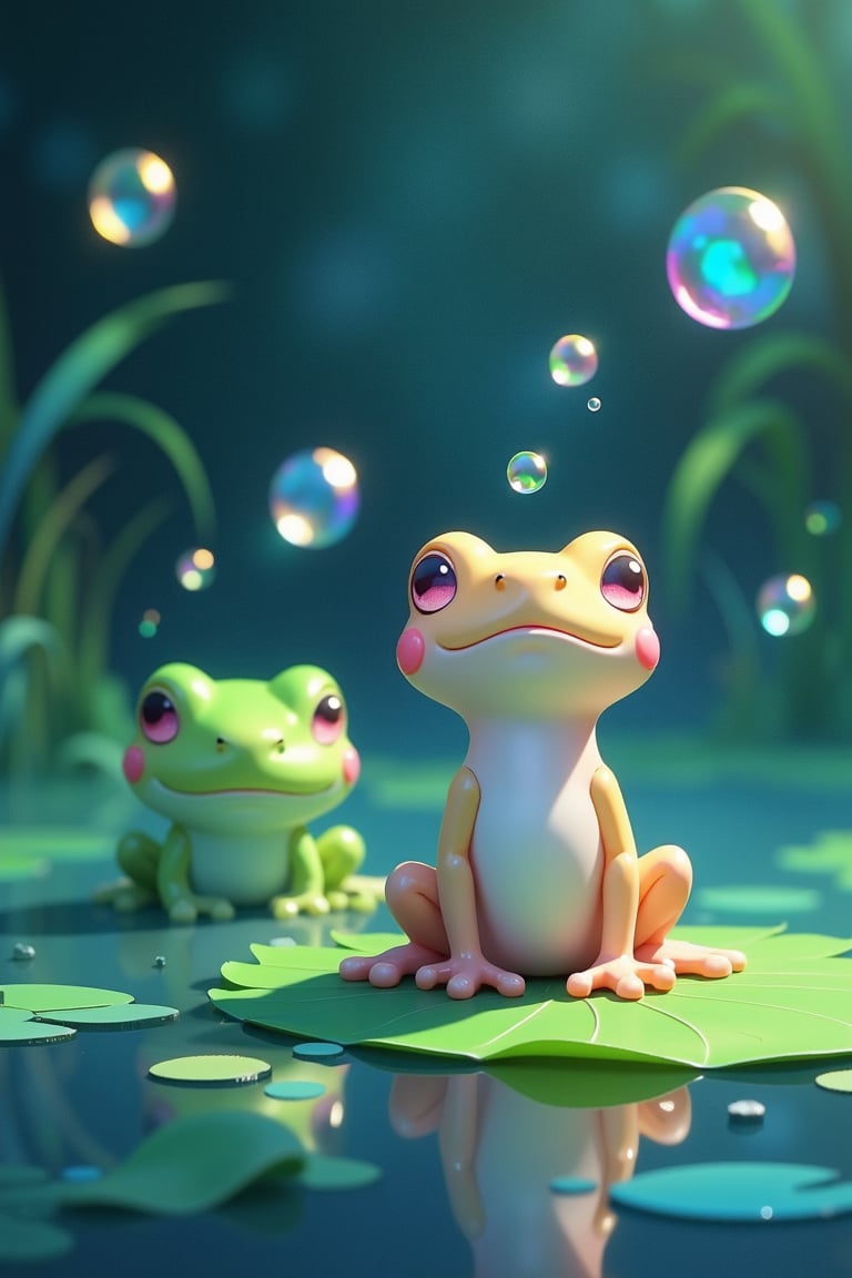 (((masterpiece))) , (((best quality))) , anime style, 2d, serene pond where tiny bubble frogs—small, round frogs with translucent, pastel-colored skin that glows faintly—are blowing bubbles that float in the air. The camera captures a close-up of one bubble frog sitting on a lily pad, playfully catching its own bubbles with a happy croak. The bubbles reflect the moonlight, casting soft, rainbow hues across the pond, and other bubble frogs join in, creating a playful and magical scene