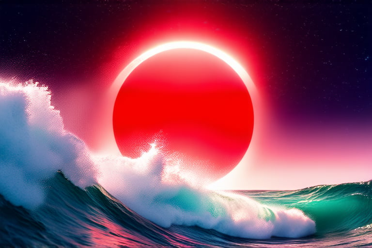  The background features a tumultuous ocean where waves clash and create splashes. A red eclipse looms on the horizon, tinting the sky in unusual hues