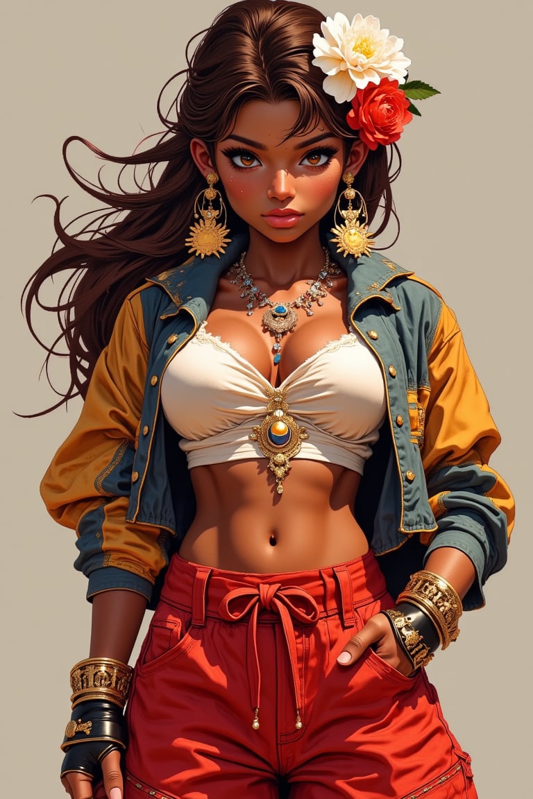 (masterpiece,best quality,absurdres), tekken, brown hair, hair ornament, gloves, navel, jewelry, jacket, flower, midriff, red pants, hair flower, fingerless gloves, necklace, open jacket, crop top, dark skin, dark-skinned female