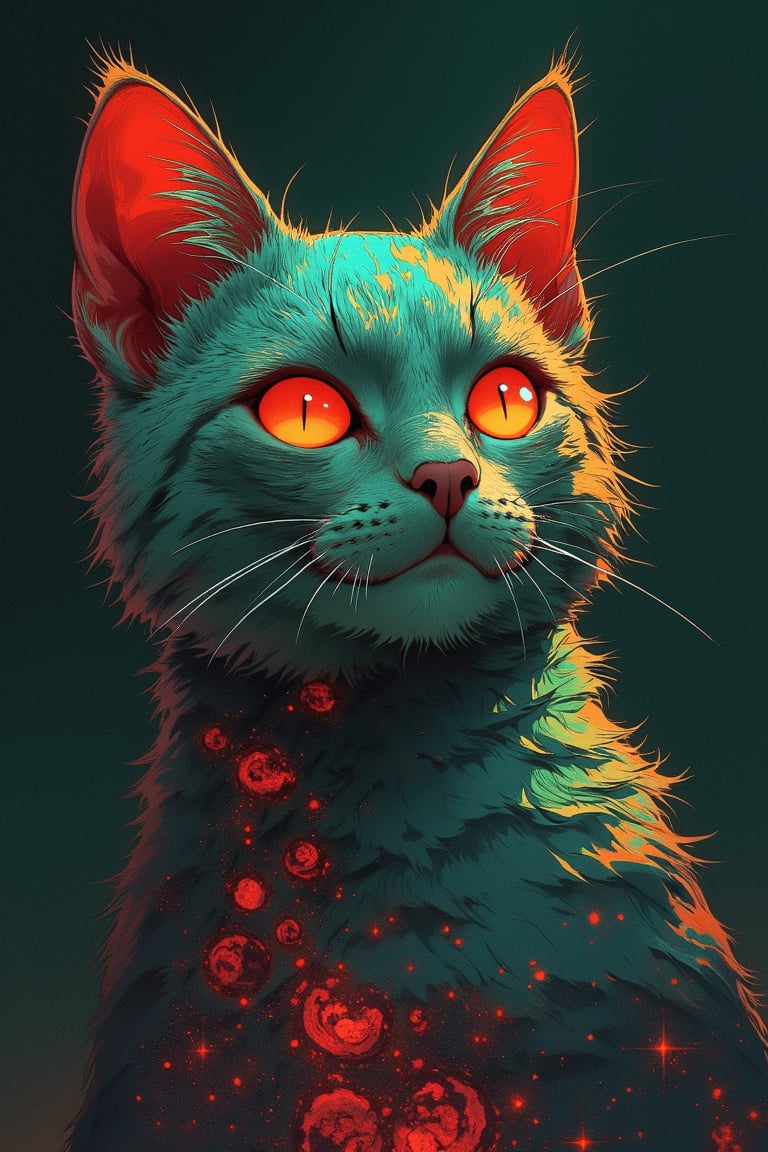 cat, cosmic color:steelred-green, digital painting