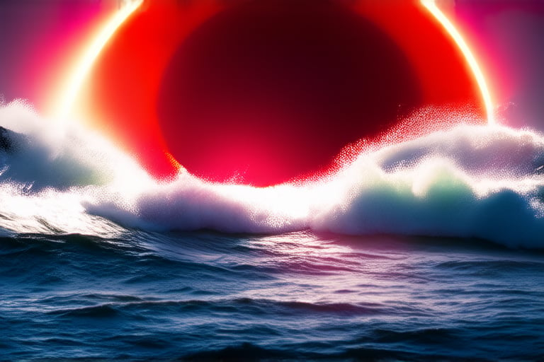  The background features a tumultuous ocean where waves clash and create splashes. A red eclipse looms on the horizon, tinting the sky in unusual hues