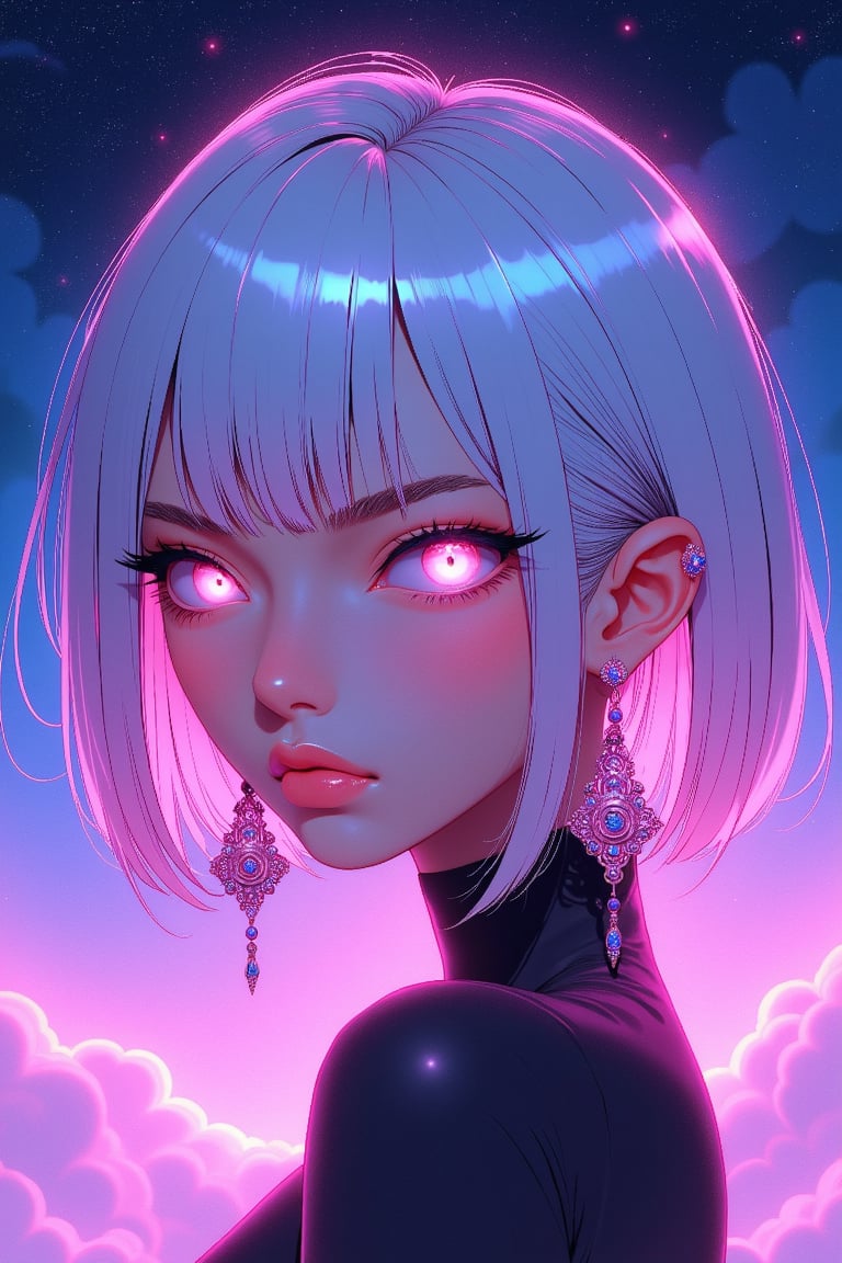 highly detailed portrait of a futuristic anime-style female character with short, sleek, silver hair glowing in vibrant neon hues of pink, purple, and blue. She has large, expressive eyes with glowing pink irises, framed by long, sharp eyelashes. The character is wearing ornate earrings that catch the light, adding a touch of luxury and sophistication. Her expression is neutral yet intense, giving off a mysterious vibe. The lighting reflects soft neon glows across her face and hair, creating a dreamlike, ethereal atmosphere. The background features a cosmic, star-filled sky with subtle clouds, reinforcing the futuristic and fantasy elements. The overall style is cyberpunk, with high-contrast shading, soft lighting effects, and a focus on digital, cinematic aesthetics