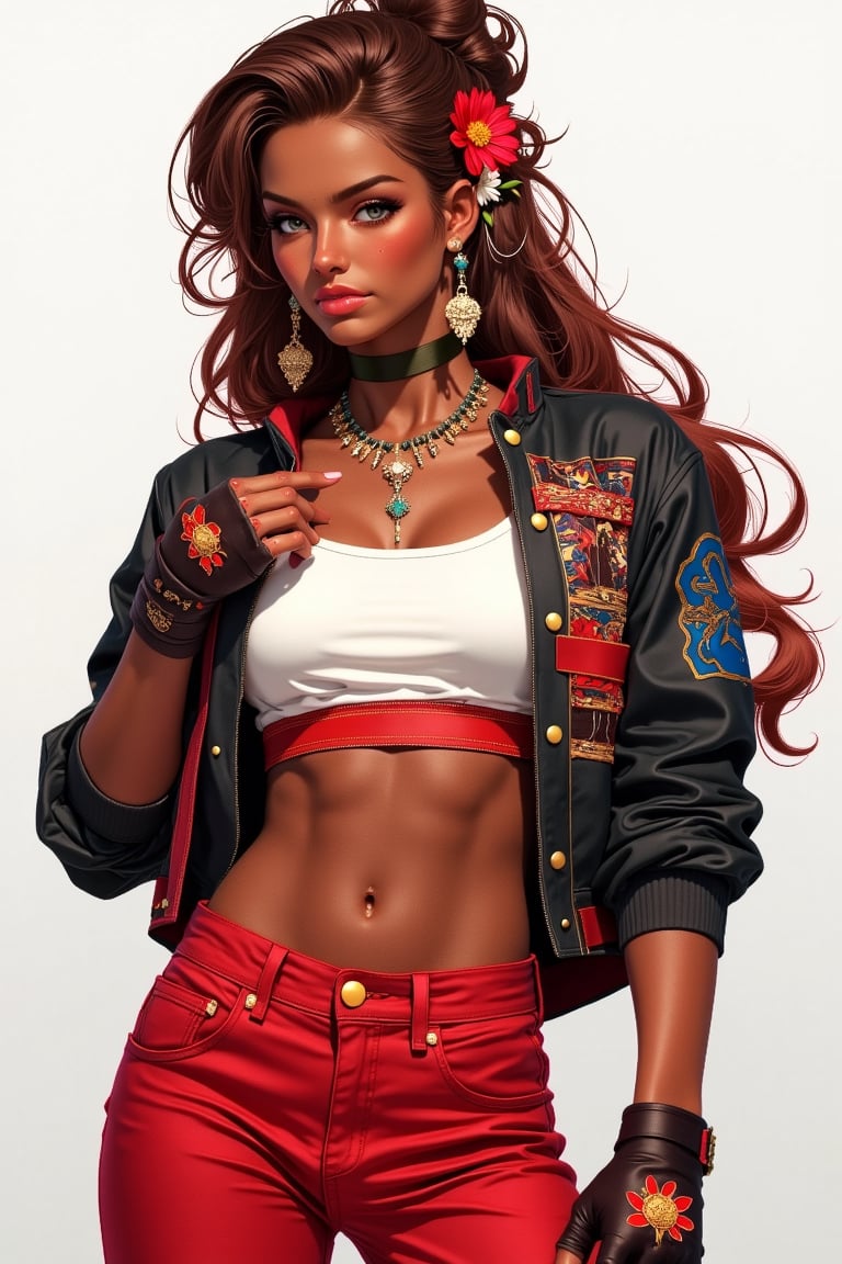 (masterpiece,best quality,absurdres), tekken, brown hair, hair ornament, gloves, navel, jewelry, jacket, flower, midriff, red pants, hair flower, fingerless gloves, necklace, open jacket, crop top, dark skin, dark-skinned female