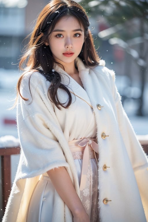 (highest quality, 8k, 32K,details are very clear),Realistic, High resolution, 1 Japanese Women, alone, (Lolita Costume),Gorgeous costumes,Facing the audience,(Upper Body,Upper limbs), Beautiful Eyes, brown hair, Ring-shaped eyes, (outside,Heavy snowfall,thick fur cape,Cover with snow),Snowfield,blue eyes,highest qualityのイラスト,Detailed facial features