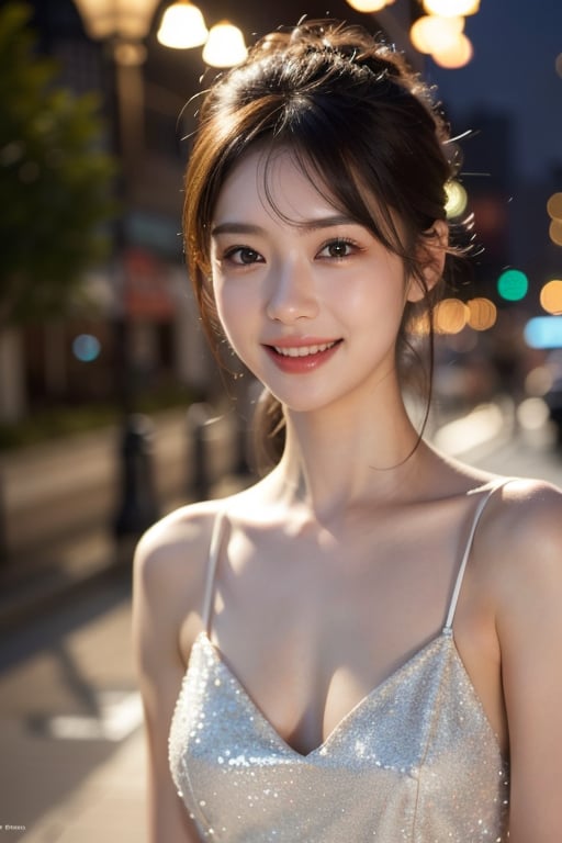 1 Girl, (Wearing a white glitter dress:1.2), (RAW Photos, Highest quality), (Realistic, Realistic:1.4), Tabletop, Very delicate and beautiful, Very detailed, 2k wallpaper, wonderful, finely, Very detailed CG Unity 8K 壁紙, Very detailedな, High resolution, Soft Light, Beautiful detailed girl, Very detailed目と顔, Beautiful and sophisticated nose, finelyて美しい目, Cinema Lighting, City lights at night, Perfect Anatomy, Slender body, smile