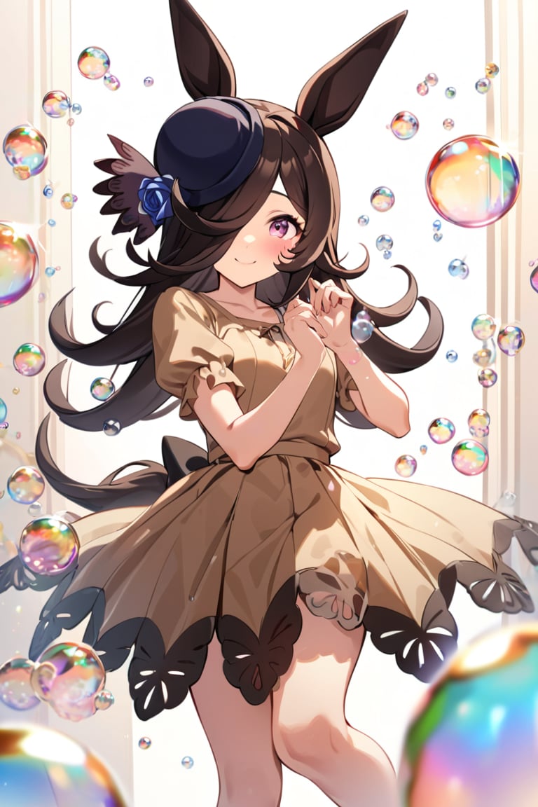 best_quality,masterpiece,1girl ,rice shower \(umamusume\),horse ears,long hair,brown hair,black hair,hair over one eye,riceshowerXL,brown_shirt:1.3,brown_skirt:1.3,medium full shot,full of bubble,nice_hands,white background,blowing colorful bubbles,sweet smile, bubbles floating, dreamy light reflections, pure joy, playful expression, simple dress, vibrant colors, detailed face, bubbles reflecting light, whimsical atmosphere