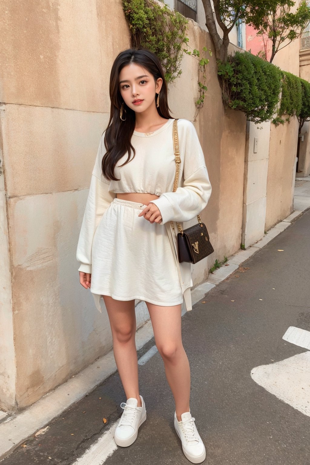 1girl, solo, long hair, black hair, dress, standing, full body, shoes, bag,louis vuitton bag, white footwear, sneakers, photo background,Perfect lips,S cen,wgirl,a smiling girl