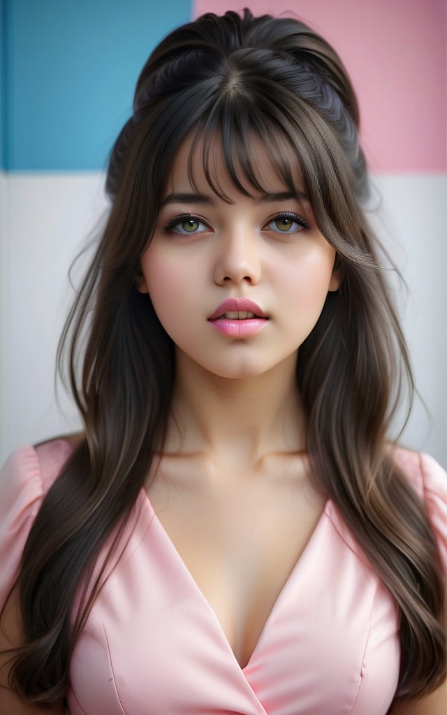 (Best Quality, 4k, 8k, High Definition, Masterpiece: 1.2), Ultra Detailed, (Photorealistic, Photorealistic, Photorealistic: 1.37), 1girl, 16 years old, solo, looking at audience, long hair, bangs, black Hair, pink dress, open lips, (pink and white dress: 1.2), professional photography,cute cen