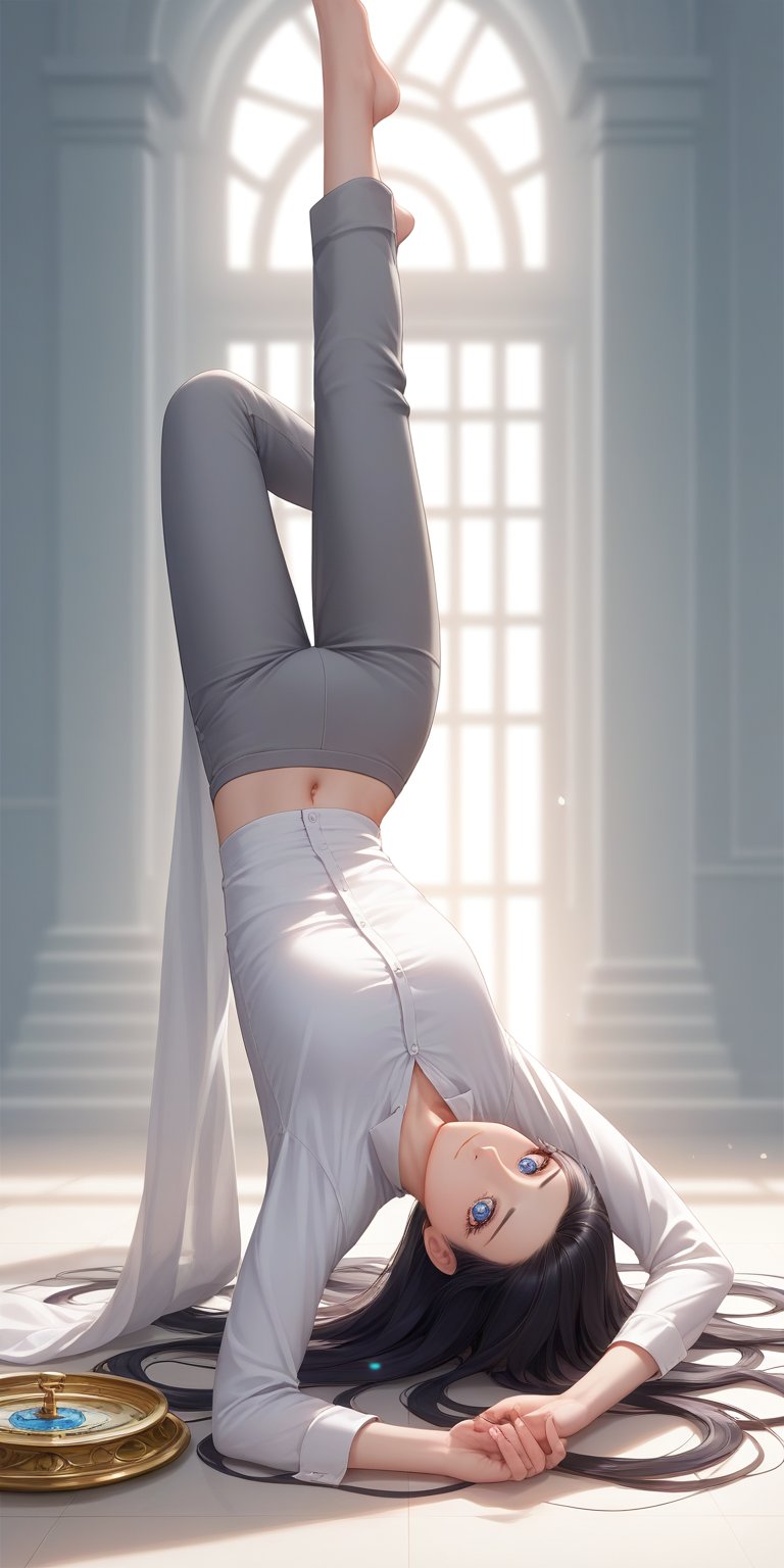 score_9, score_8_up, score_7_up, score_6_up, score_5_up, score_4_up,source_anime,

1 woman, performing a handstand, solo, (30yo), flexible, strong, beautiful detailed eyes, long black hair flowing down her back, white shirt, grey pants, white surface, elegant, balance, determination, detailed background, depth of field, realistic, soft lighting, best quality,masterpiece,cenn,Ycen