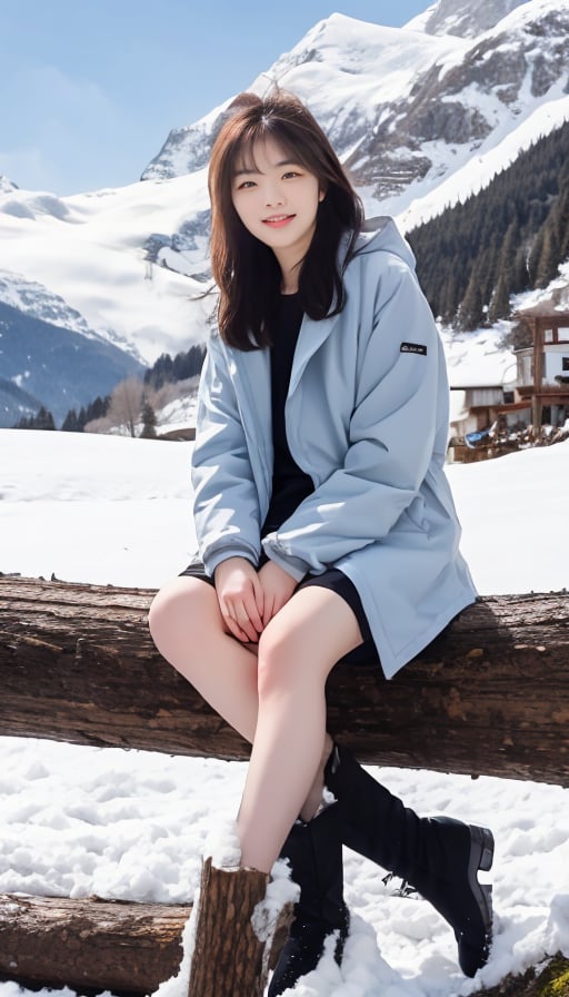 cute girl, long hair, grey winter coat fashion, black short skirt, boots, Sitting cross-legged on wood log, switzerland, snowy mountains background, blue sky, 4K, ultra HD, RAW photo, realistic, masterpiece, best quality, beautiful skin, white skin, 50mm, medium full shot, outdoor, full body, photography, Portrait, ,chinatsumura, high fashion,wgirl,a smiling girl,cen