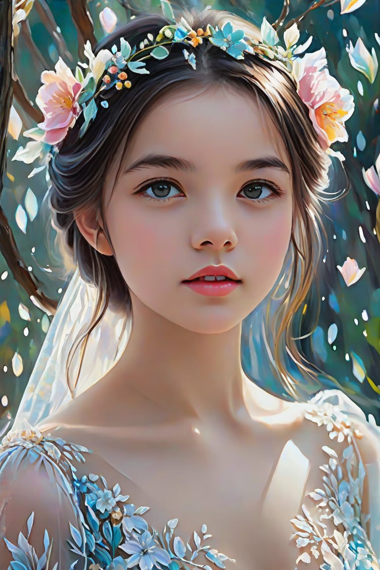 This is a captivating impressionistic oil painting of an 16-year-old girl,see-through elegantly dressed in a whimsical ice-inspired gown. Her eyes sparkle with curiosity, focused on things beyond the viewer's view. The delicate floral details and flowing train of the gown are intricately painted with soft brushstrokes, creating a dreamy, otherworldly atmosphere. The background is a mix of cool tones, and the winter light filtering through the trees gives the entire scene a magical aura.,Ycen,see-through,cute cen,Beautiful eyes girl