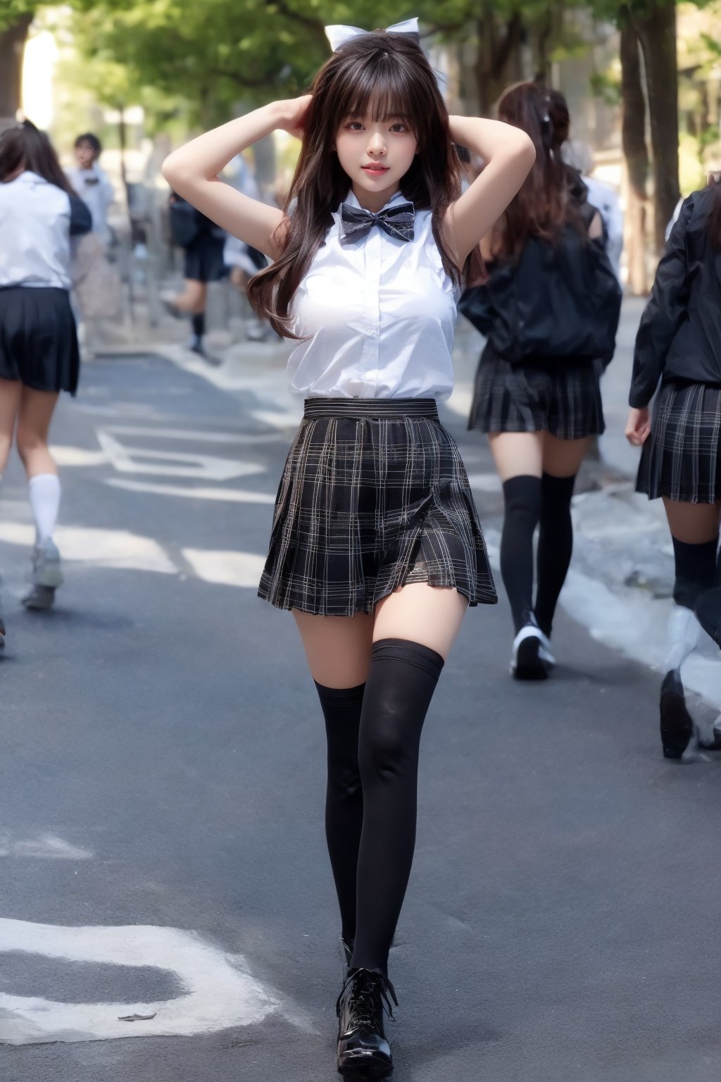 1 girl1girl, solo, (black hair color, long straight hair), slender body,big breasts,looking at viewer,big smile, bangs, skirt, shirt, black hair,(white sleeveless shirt:1.2), bow, ribbon, brown eyes, school uniform, standing, full body, white shirt, pleated skirt, boots, outdoors, day, collared shirt, (white cotton over the knee socks:1.1), bowtie,black footwear, blurry, black eyes, zettai ryouiki, plaid, cosplay, black bow, blurry background, plaid skirt, grey skirt, black bowtie, shirt tucked in, road, street, photo background,arms up,full body,walking posture,wgirl,qcen