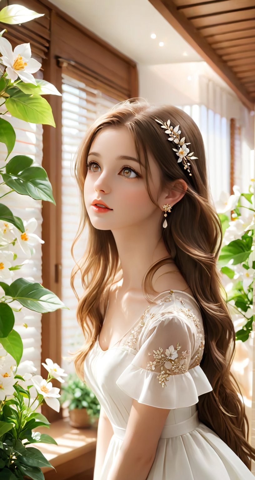 1girl, solo, long hair, brown hair, pretty eyes so charming and beautiful,, dress, jewelry, flowers bloom bokeh background, closed mouth, upper body, earrings, pointy ears, indoors, white dress, blurry, lips, leaf, looking away, clothes, sunlight, plant, realistic, blinds, depth of field,Ycen,cute cen,Beautiful eyes girl