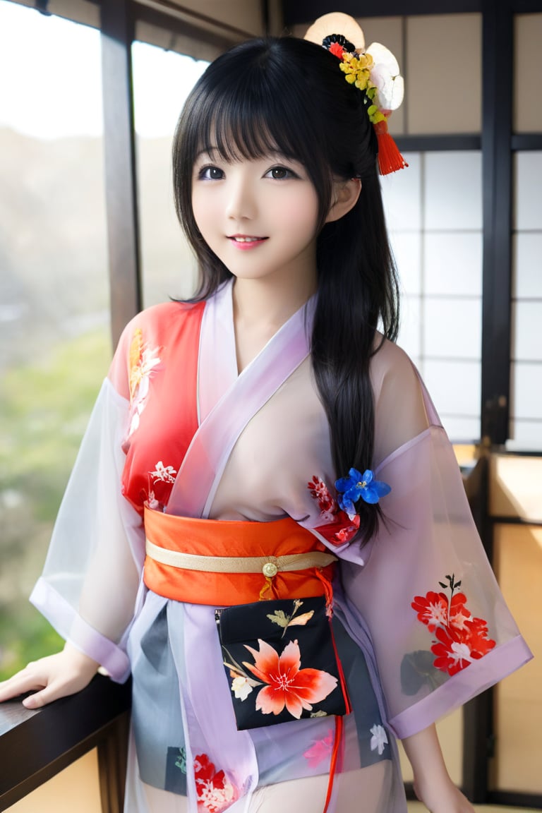 1girl, solo, long hair, looking at viewer, bangs, black hair, hair ornament, closed mouth, upper body, japanese clothes, hair flower, kimono, grey background, black eyes, lips, sash, realistic, ,wgirl,cen,a smiling girl,cen0411-01,qcen,岑岑,cen q,more detail XL,cen cute,see-through kimono