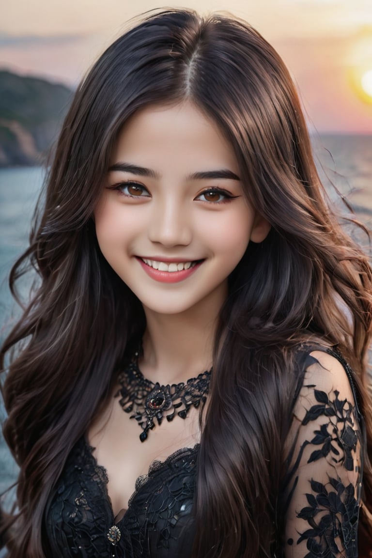 (Top quality, 8K, high resolution, masterpiece), Ultra detailed, (16-year-old korea girl with wild face with perfect details standing on the deck of a cruiser), (Upper body), Natural beautiful white skin, (Placing hands on the railing, squinting and smiling, looking into the distance), Round face, Light makeup, Dark brown eyes with highlights, Lip filler, Gorgeous gold earrings and necklace, Perfect body lines, Detailed glossy lips, ((Blonde mesh hair flowing in the wind)), Wearing a beautiful black dress with details that catch everyone's eye, The sea and sky dyed in a deep red sunset in the background, (Accurate anatomy), Perfect hands, HD, Shallow depth of field,cute cen04,Beautiful eyes girl