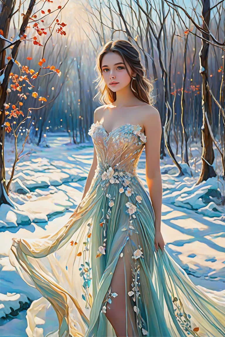 This is a captivating impressionistic oil painting of an 16-year-old girl,see-through elegantly dressed in a whimsical ice-inspired gown. Her eyes sparkle with curiosity, focused on things beyond the viewer's view. The delicate floral details and flowing train of the gown are intricately painted with soft brushstrokes, creating a dreamy, otherworldly atmosphere. The background is a mix of cool tones, and the winter light filtering through the trees gives the entire scene a magical aura.,Ycen,see-through,cute cen,Beautiful eyes girl