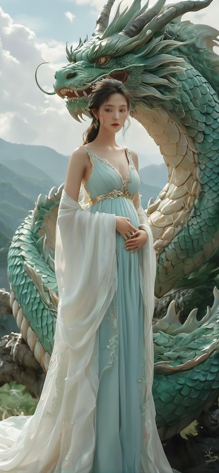 A serene tableau unfolds: a pregnant woman, draped in a flowing white gown, perches regally atop a majestic white dragon's back. The dragon, its sharp teeth and piercing eyes aglow, rises from a soft expanse of fluffy clouds against a gentle light blue sky. The woman's calm demeanor, stomach held, evokes a sense of peaceful contemplation amidst the surreal setting.,xxmixgirl