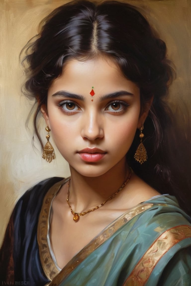 An oil painting in the style of John Singer Sargent and a print by Ivana Besevic,  the lighting style of Rembrandt. A beau...