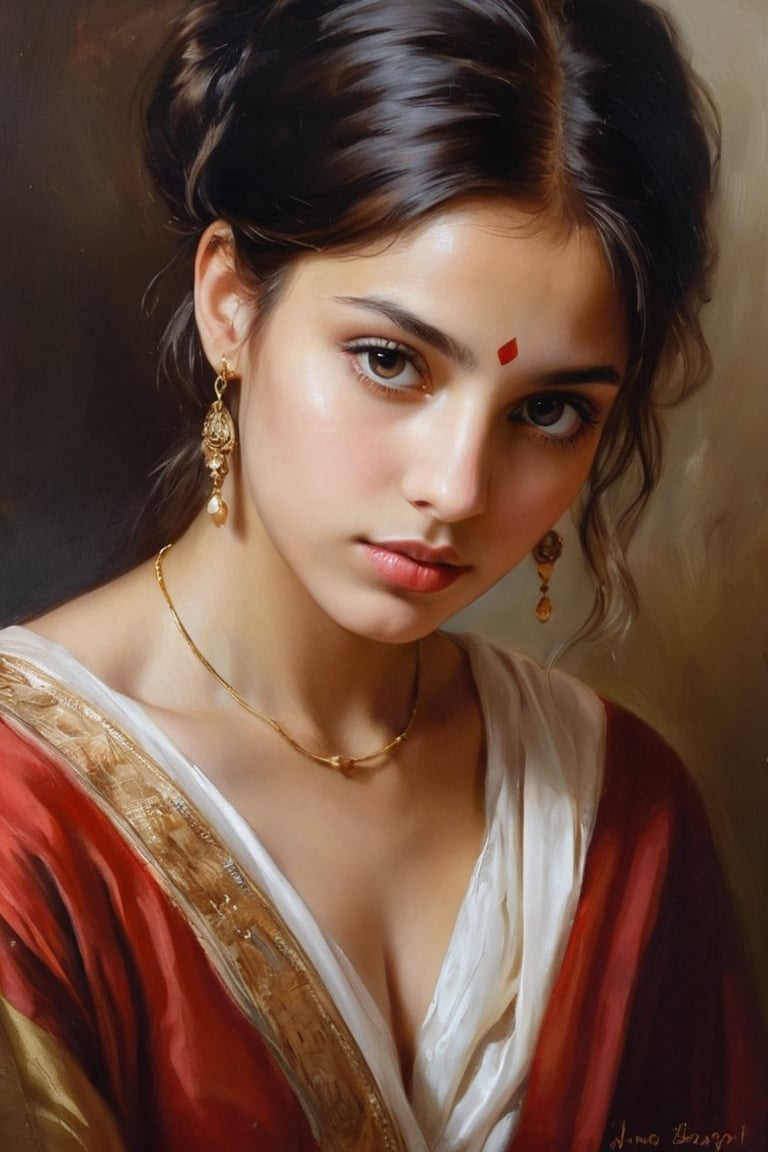 An oil painting in the style of John Singer Sargent and a print by Ivana Besevic,  the lighting style of Rembrandt. A beau...