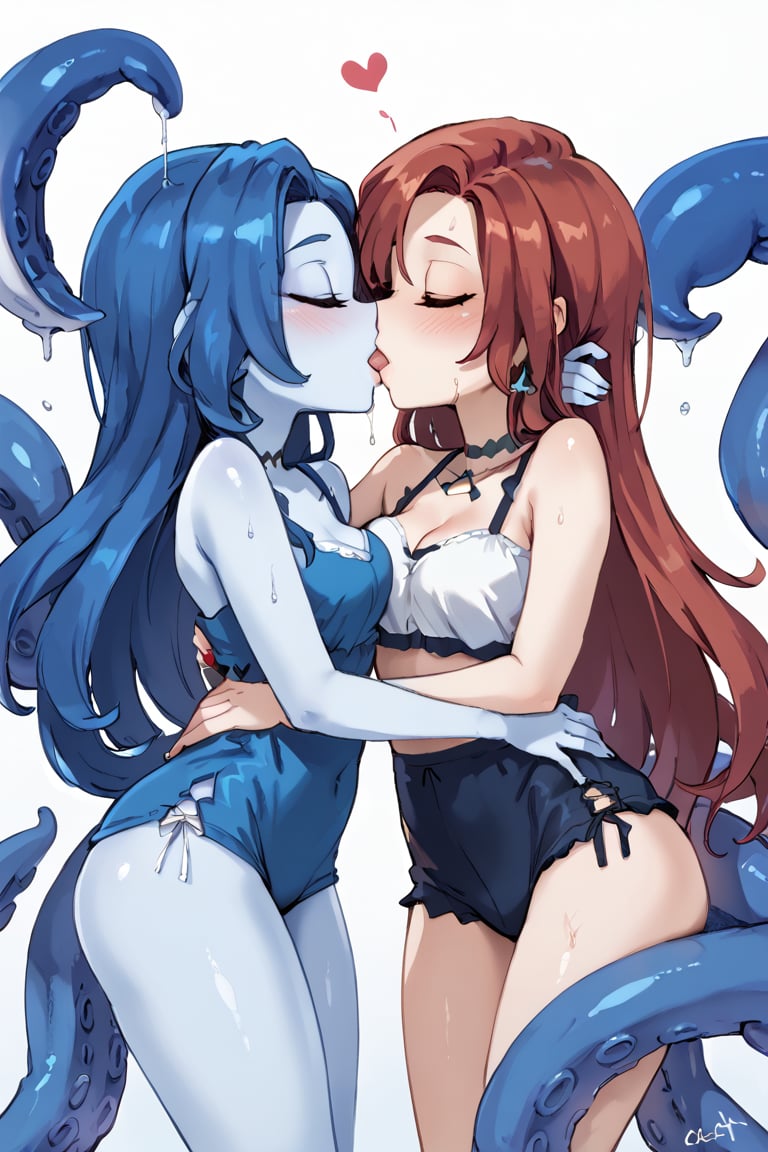 chelsea a white girl red hair and cute face wearing a blue blouse kissing a kraken girl with blue skin, BLUE hair like tentacles and cartoon style, 2 girls, kissing lesbian
