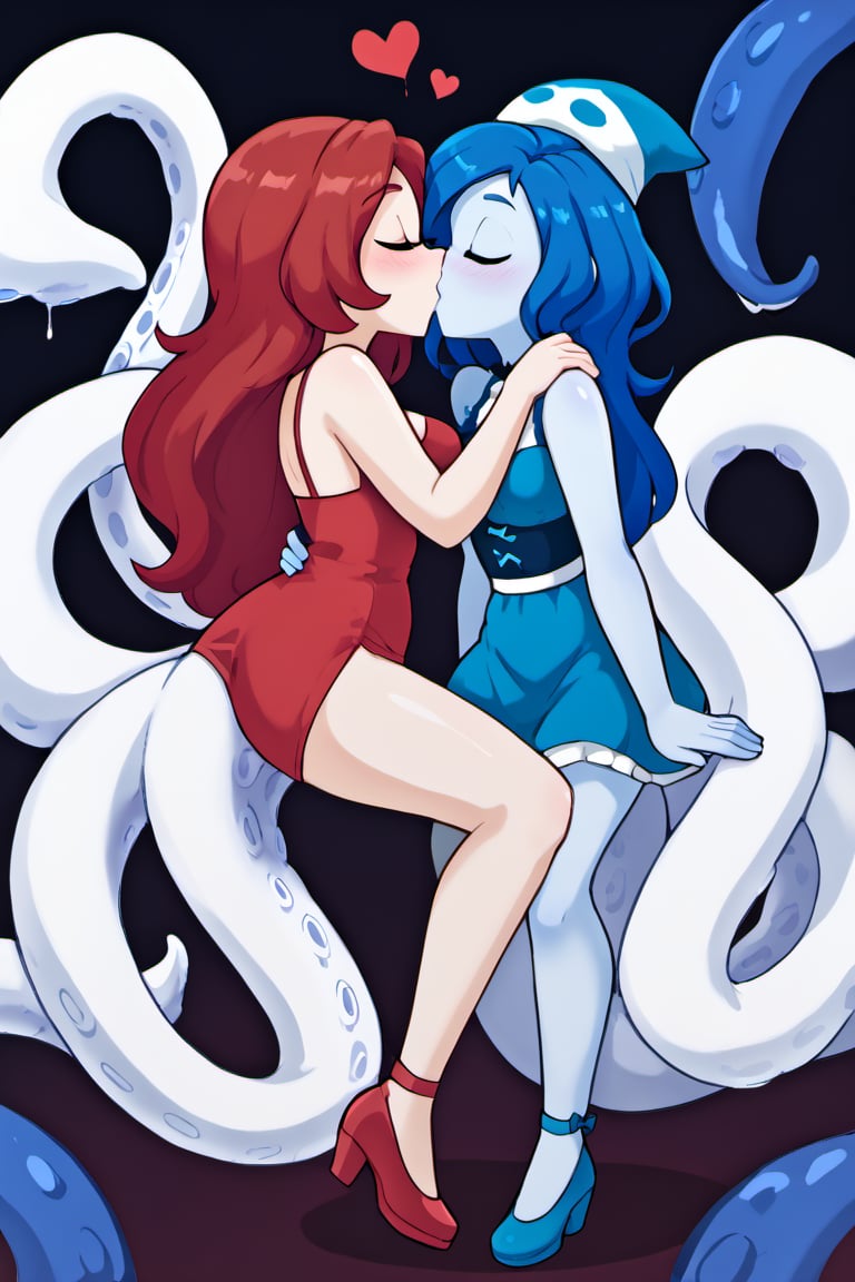 chelsea a white girl red hair and cute face wearing a blue blouse kissing a kraken girl with blue skin, BLUE hair like tentacles and cartoon style, 2 girls, kissing lesbian, FULL BODY
