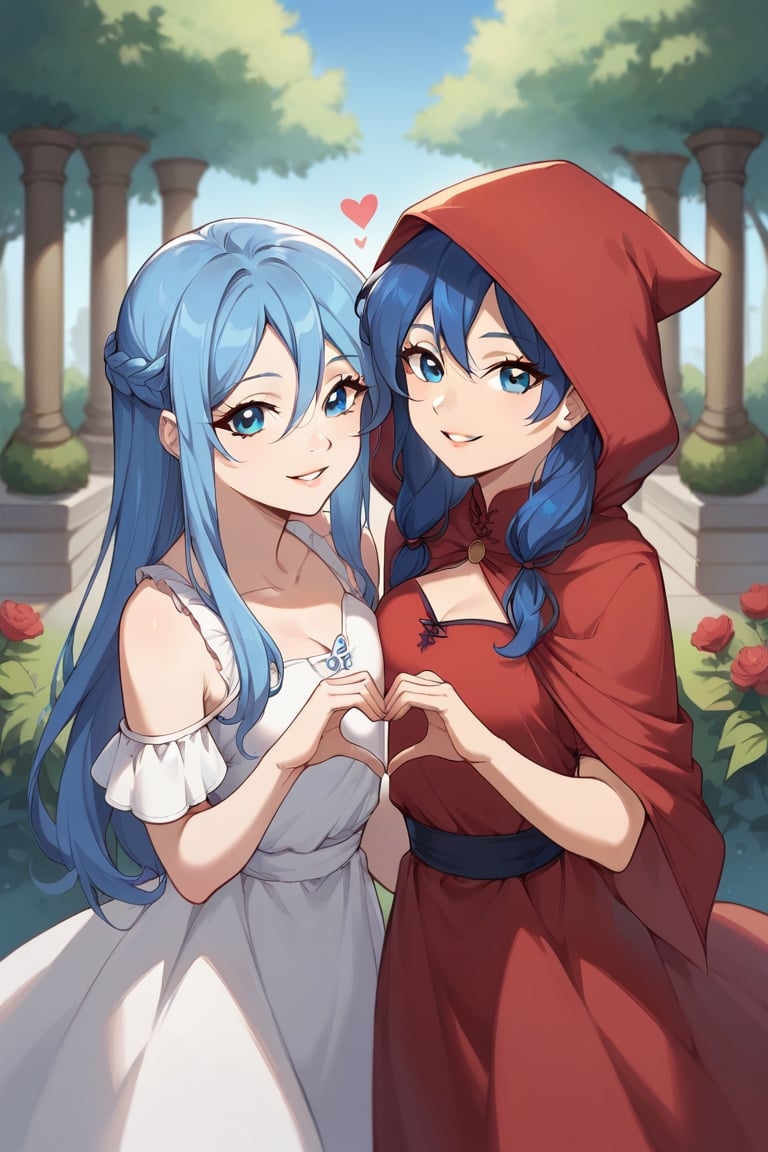 score_9, score_8_up, score_7_up, score_6_up, score_5_up,2girls,multiple girls,blue hair ,hearts hands, at garden, 2girls, reah (ys1), blue eyes, blue hair, long hair, pony hair, red hood dress, smile, parted lips, 2girls, feena (ys1), blue hair, blue eyes, light smile, white dress