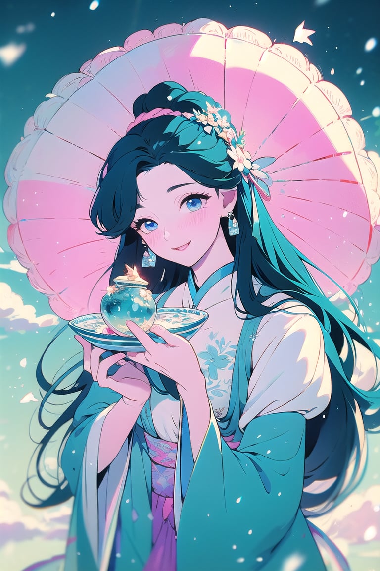 magical girl, blue hair, blue eyes, lolita dress, short dress, long hair, pale skin, soft skin, colorful snow background, rainbow, hearts, snow, snowing, ice, pastel, sun, crystals, gentle smile, looking_at_viewer, (masterpiece, best quality:1.2), fluffy, soft, light, bright, sparkles, twinkle, slightly downcast eyes, cute, pink, blue, Enhance, clouds,masterpiece, fullbody,china art