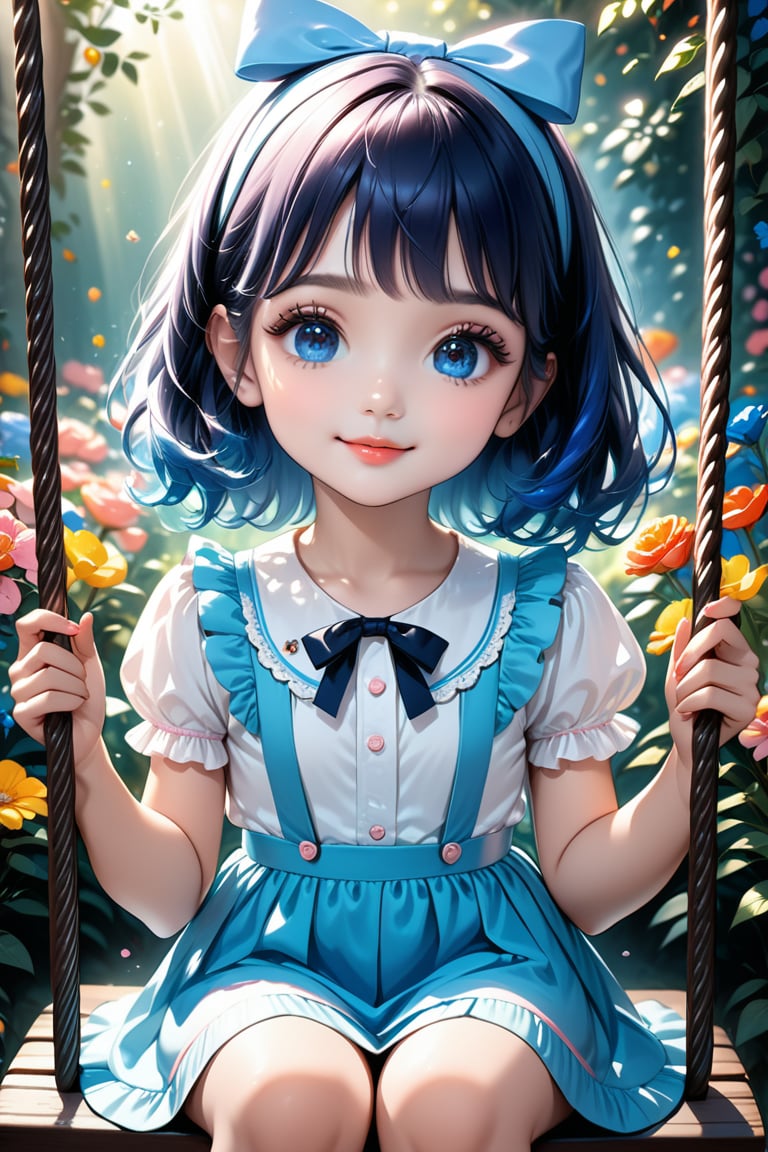 (best quality, highres), long bLUE hair, bow on head, girl, beautiful detailed eyes, beautiful detailed lips, long eyelashes, soft facial features, cute smile, looking at, flower garden background, sitting on a swing, vibrant colors, pleasant lighting, artistic rendering, (The cutest girl in the world:1.5),