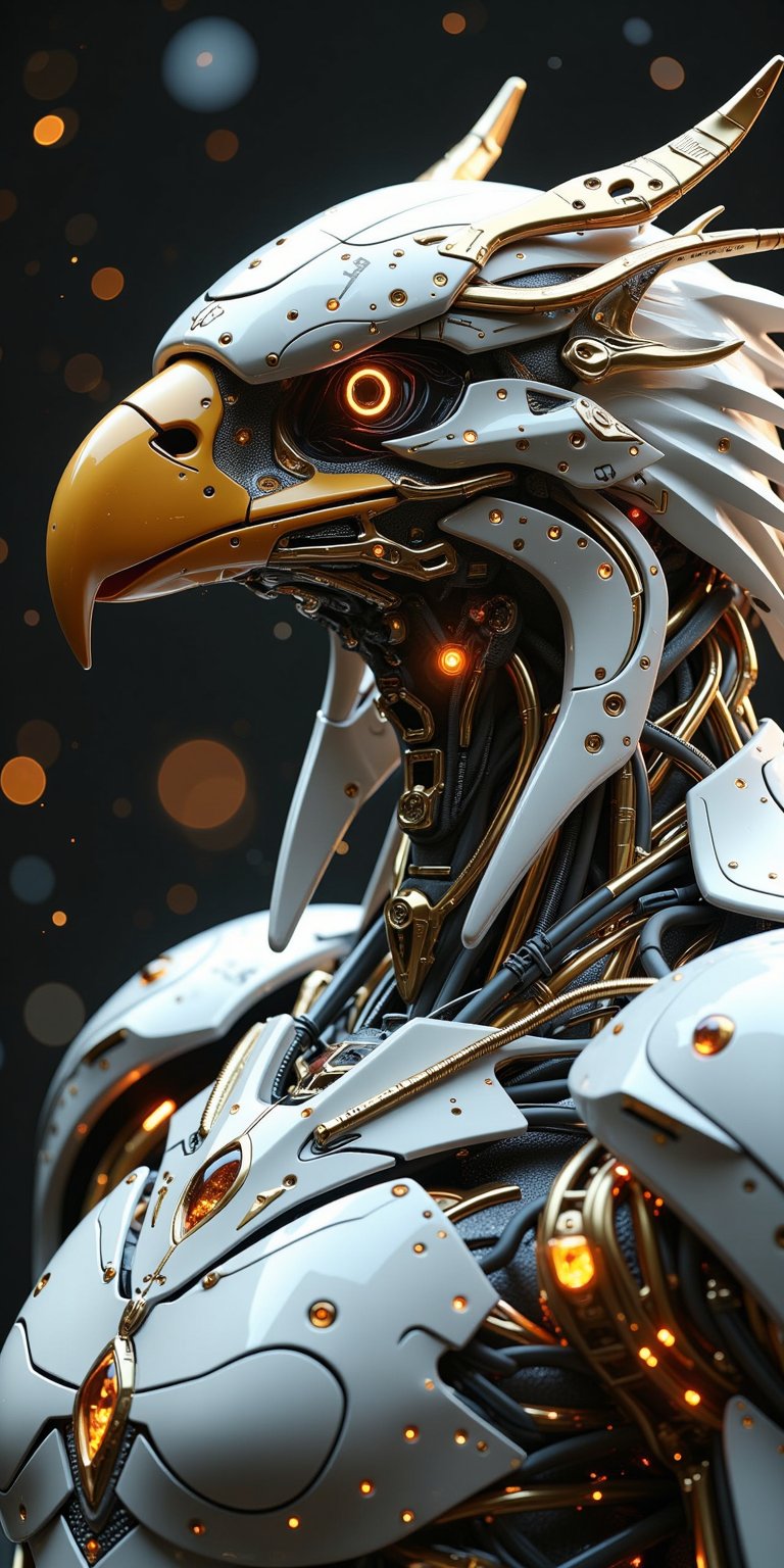 masterpiece, eagle robot, robot, mechanical, highly detailed, hd, mystical, mistic, elegant, jewelry, gem, spark particles background, bokeh, masterpiece, best quality, 16k, ultra-detailed, finely detailed, high resolution, perfect dynamic composition, detailed eyes, cinematic lighting, detailed background, depth of fields, perfect proportion, hyperdetailing skin, clear skin, harmonious composition,AhFutur,mechanx