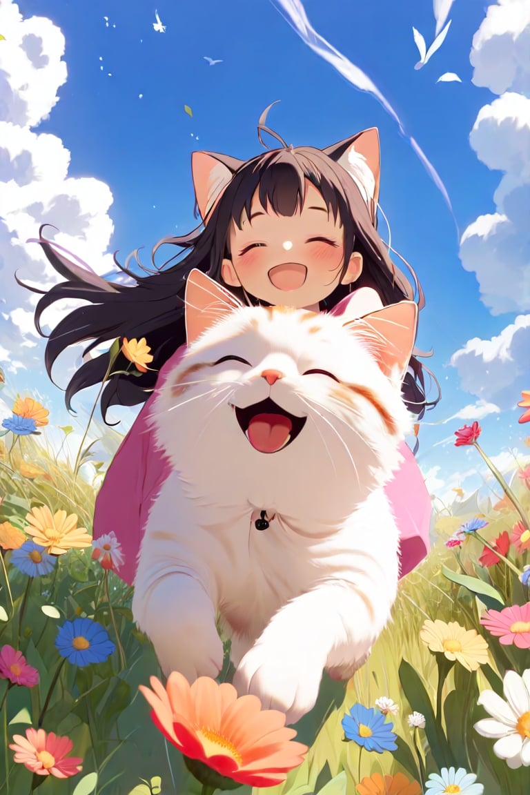 A joyful scene unfolds as a young girl with ahoge hair and closed eyes beams directly at the viewer. Her happiness is infectious, radiating from her bright smile. Against a blue sky with fluffy clouds, she rides a massive cat that leaps into frame, its paws barely grazing the lush meadow grass. Vibrant flowers bloom around them, adding to the whimsical atmosphere. The camera captures this delightful moment from a low-angle point-of-view (POV), emphasizing the girl's exuberance and the cat's playful majesty.