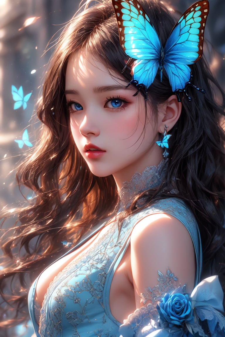 masterpiece, high quality, realistic aesthetic photo ,(HDR:1.4), pore and detailed, intricate detailed, graceful and beautiful textures, RAW photo, 16K, (bokeh:1.1), ((A blue-rose fantasy-world theme)), diffused sunlight, cool tone, blue-velvet butterfly,
attractive-1girl, black lace sexy bodysuit, blue tops, blue skirt, captivating beautiful face,  beautiful light blue wavy long hair, dull bangs, detailed beautiful blue eyes, smooth fair skin, light-pink lips, eye_shadow, large breasts, small earing, 
high detailed, ultra detailed,Subsurface scattering
high resolution, world-class official images, impressive visual, perfect composition,1 girl