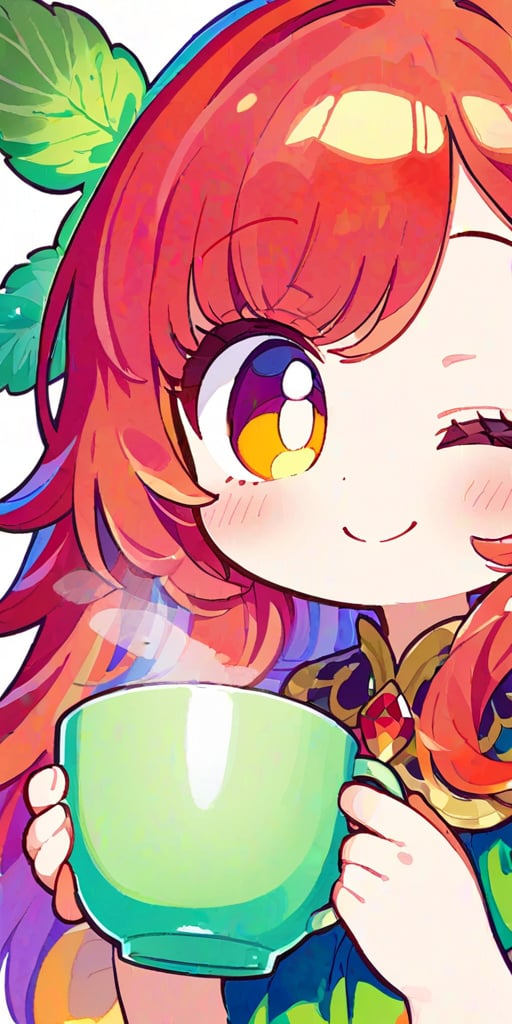 score_9, score_8_up, score_8, score_7_up, vibrant watercolor anime style. Close up of a gorgeous fairy with wild red hair. She smiles charmingly as she holds a steaming cup of coffee. A whimsical forest emerges out of a white background