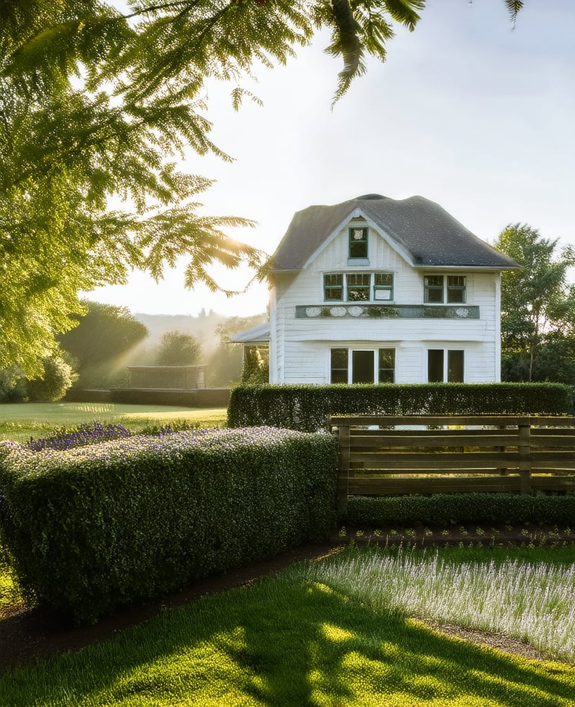 A serene morning scene: a charming white house with a lush green garden, surrounded by a rustic wooden fence. The sun shines brightly overhead, casting a warm glow on the vibrant flowers and neatly trimmed hedges. A gentle breeze rustles the leaves as the morning dew glistens on the grass.,Realistic Enhance