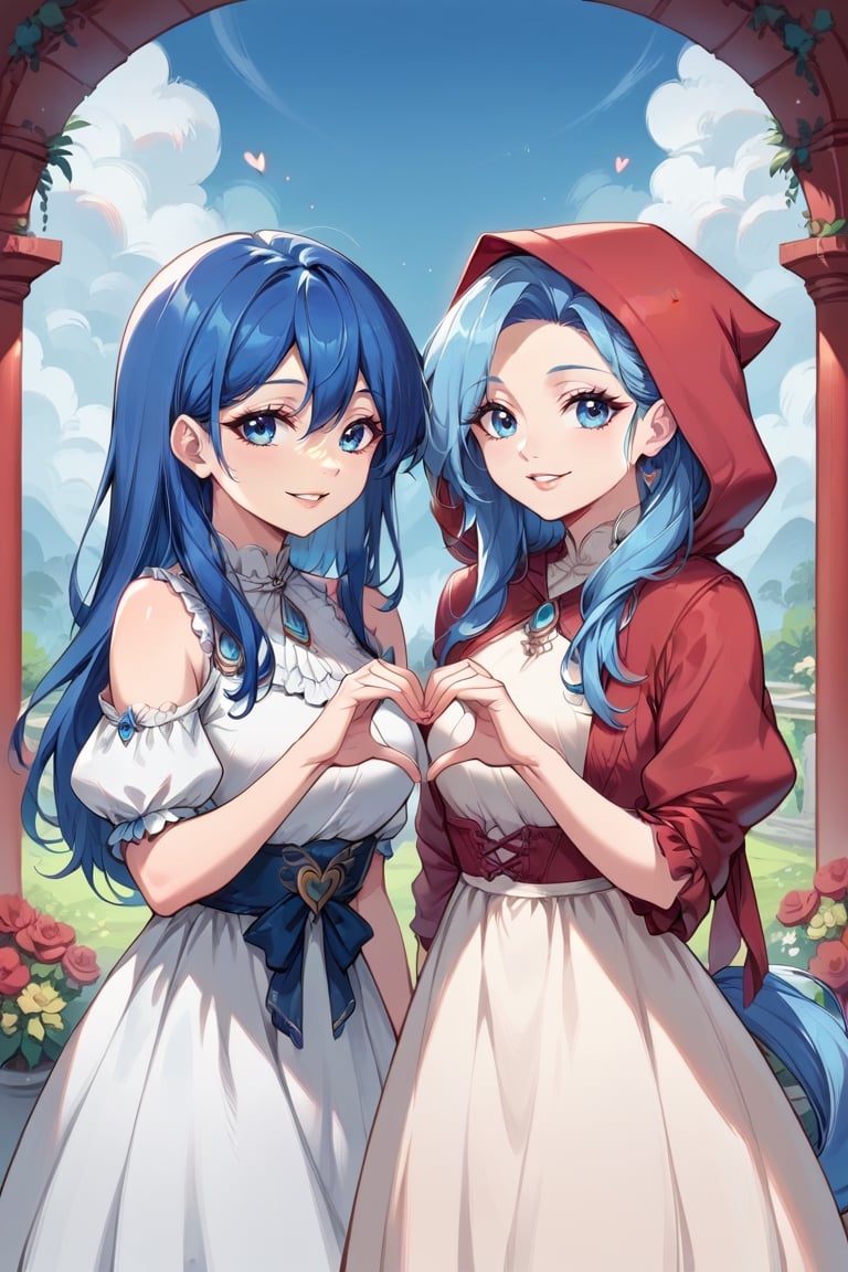 score_9, score_8_up, score_7_up, score_6_up, score_5_up,2girls,multiple girls,blue hair ,hearts hands, at garden, 2girls, reah (ys1), blue eyes, blue hair, long hair, pony hair, red hood dress, smile, parted lips, 2girls, feena (ys1), blue hair, blue eyes, light smile, white dress,Enhanced All