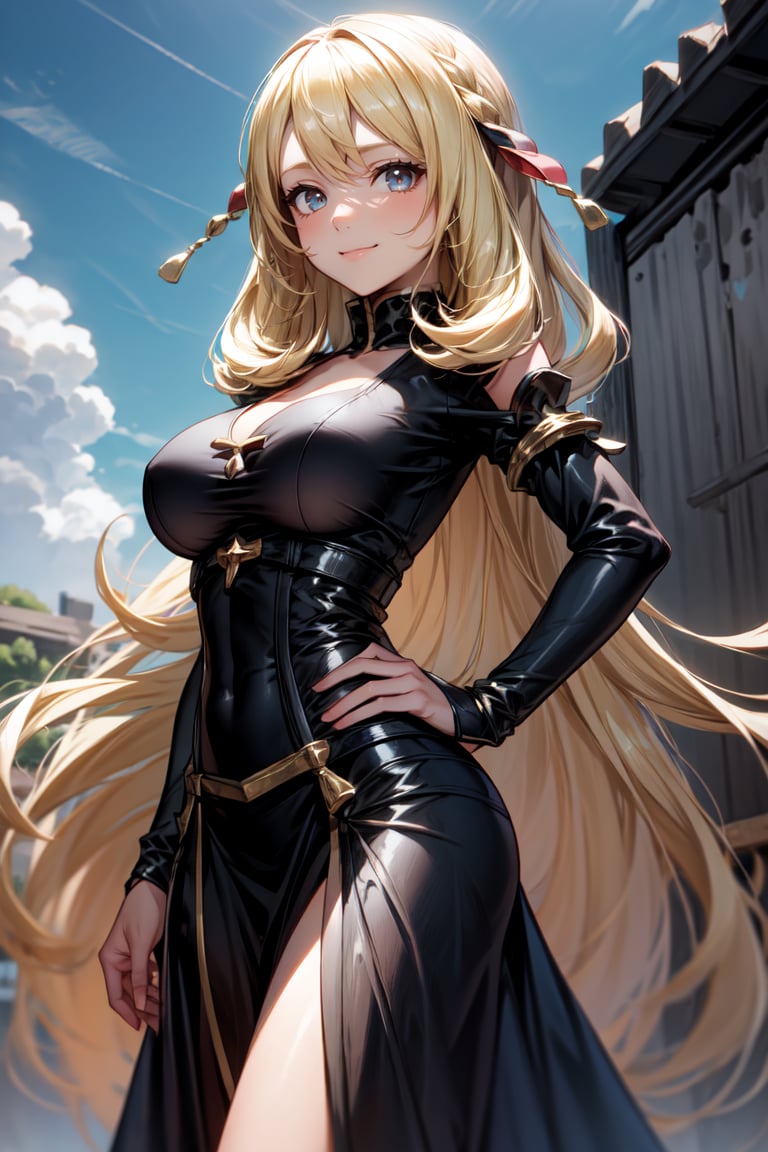 masterpiece, best quality, cynthia, blonde hair, angelic, black dress, looking at viewer, gentle smile, clouds, blue sky, looking at viewer, surprised,1 girl, Enhance, best body posture, best breast, sexy, elegant, Extremely Realistic