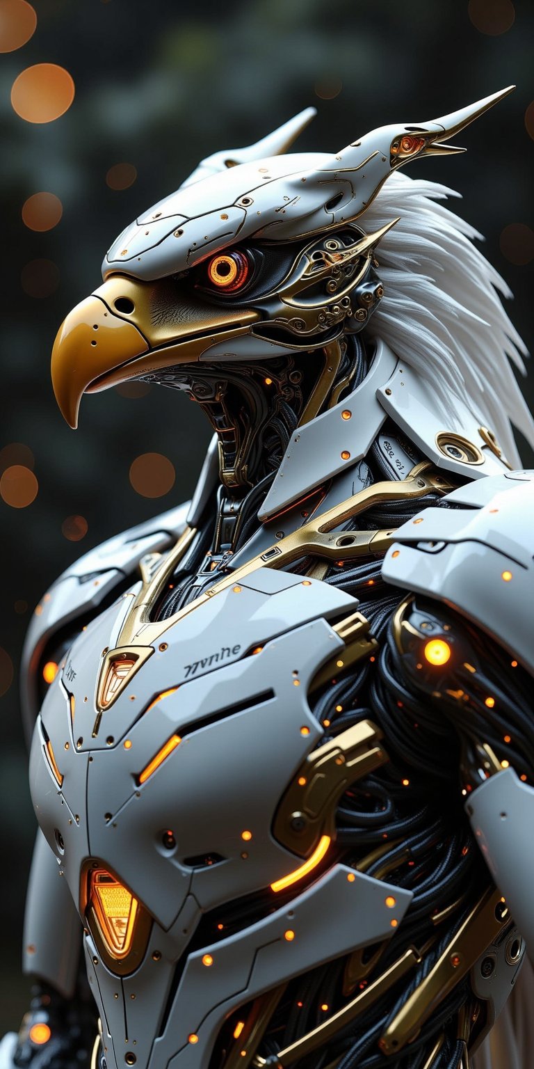 masterpiece, eagle robot, robot, mechanical, highly detailed, hd, mystical, mistic, elegant, jewelry, gem, spark particles background, bokeh, masterpiece, best quality, 16k, ultra-detailed, finely detailed, high resolution, perfect dynamic composition, detailed eyes, cinematic lighting, detailed background, depth of fields, perfect proportion, hyperdetailing skin, clear skin, harmonious composition,AhFutur,mechanx