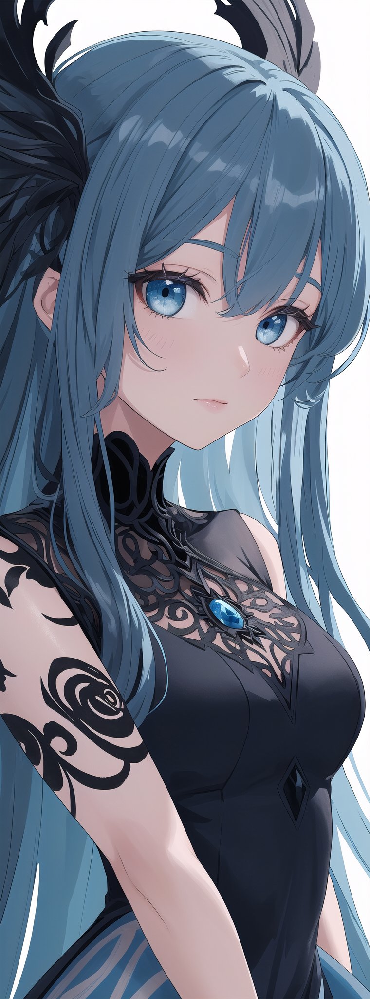 A very beautiful anime girl dressing a elegant dress, beautiful long blue hair, blue eyes, her dress is made by ink, looking at viewer, radiant gaze, (front view), upper body, close up, ink brushstrokes in background mastepiece quality, stunning image, colorful, Ink art style.